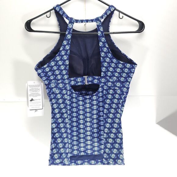 Athleta Tangier High Neck Tankini Top 32D /DD Blue Open Back Underwire Swimwear - Picture 6 of 12